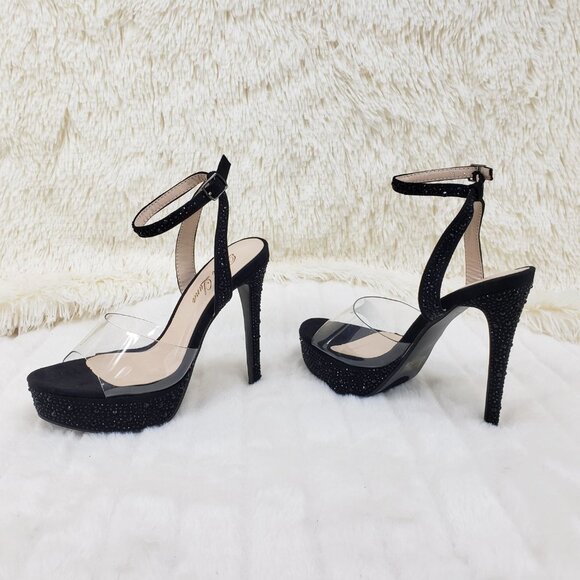 Black rhinestone high heel shoes clear toe strap - Picture 5 of 12